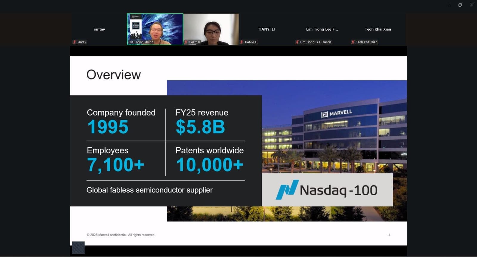 A Zoom call with a Marvell speaker presenting a company overview slide