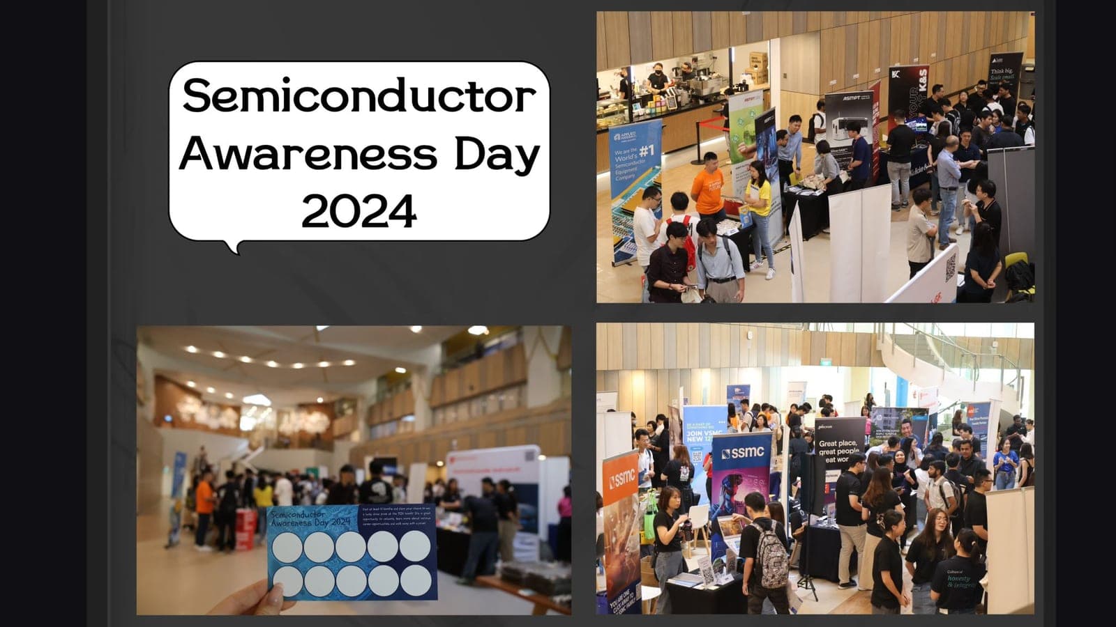 A collage from Semiconductor Awareness Day 2024, showing the company booths and a student holding the trail card stamped at each stand