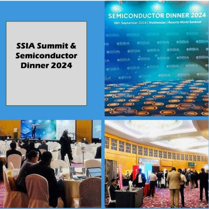 A four panel collage from the SSIA Summit and Semiconductor Dinner 2024, showing the event backdrop, the summit hall and the exhibition floor